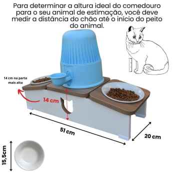 Comedouro Hibrido Duplo Gato Base Bebedouro Pet MDF