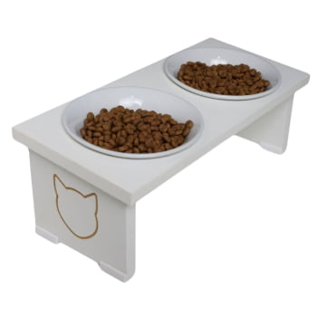 Comedouro Elevado Pet Gato MDF Duo Inox e Porcelana