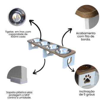 Comedouro Elevado Quadruplo Linear Gato Pet MDF - Inox