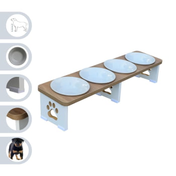 Comedouro Elevado Quadruplo Linear Cachorro Pet MDF - Porcelana