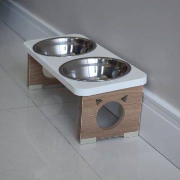 Comedouro Elevado Gato Duplo Pet MDF Colors - Inox - Branco