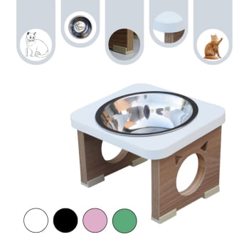 Comedouro Elevado Pet Gato MDF Colors - Inox - Branco