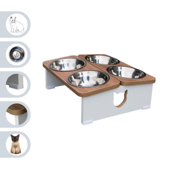 Comedouro Elevado Gato Pet MDF Quadruplo - Inox