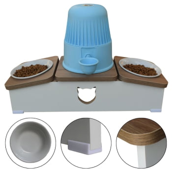 Comedouro Hibrido Duplo Gato Base Bebedouro Pet MDF - Porcelana