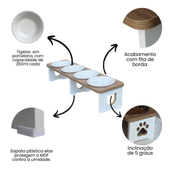 Comedouro Elevado Quadruplo Linear Gato Pet MDF