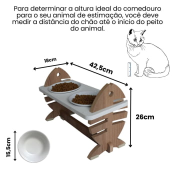 Comedouro Elevado Gato Duplo Pet MDF Espinha de Peixe Regulagem Altura - Porcelana