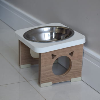 Comedouro Elevado Pet Gato MDF Colors - Inox - Branco