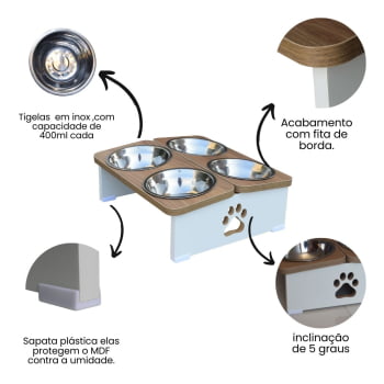 Comedouro Elevado Pet Cachorro MDF Quadruplo - Inox