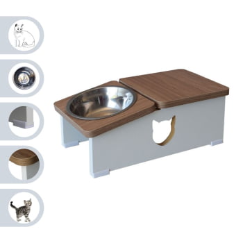 Comedouro Bebedouro Elevado Gato Base Hibrido Pet MDF - Inox