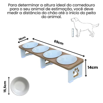 Comedouro Elevado Quadruplo Linear Cachorro Pet MDF - Porcelana