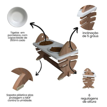Comedouro Elevado Gato Espinha de Peixe Regulagem Altura Porcelana