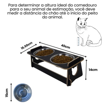 Comedouro Gato Elevado Duplo Pet Tigela Ração Inox Saudável - Preto