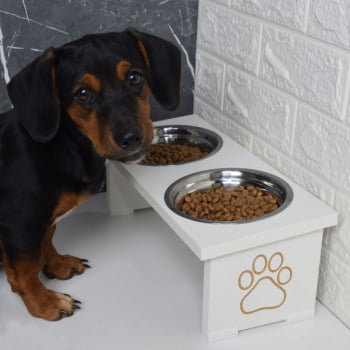 Comedouro Elevado Pet Cachorro MDF Duo  Inox e Porcelana