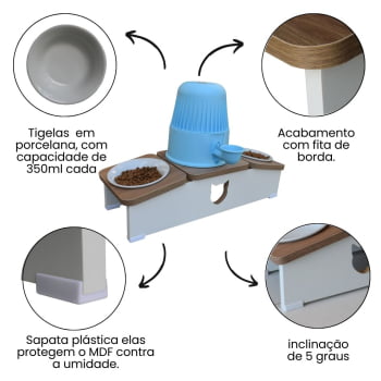 Comedouro Hibrido Duplo Gato Base Bebedouro Pet MDF