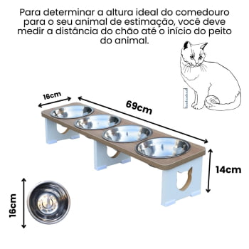 Comedouro Elevado Quadruplo Linear Gato Pet MDF - Inox