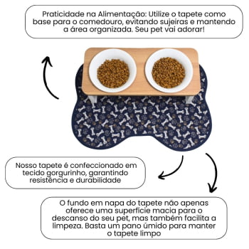 Tapete Comedouro Pet - Pata e Osso Azul e Branco