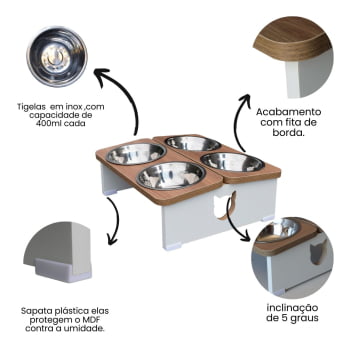 Comedouro Elevado Gato Pet MDF Quadruplo - Inox