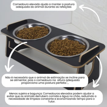 Comedouro Gato Elevado Duplo Pet Tigela Ração Inox Saudável - Preto