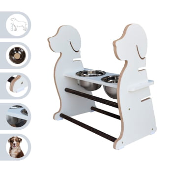 Comedouro Cachorro Grande Elevado Duplo Pet MDF Regulagem Altura - Branco