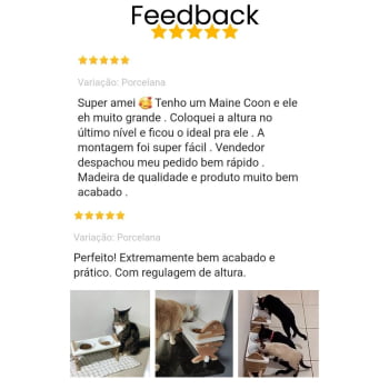 Comedouro Elevado Gato Duplo Pet MDF Espinha de Peixe Regulagem Altura - Porcelana