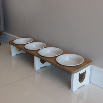 Comedouro Elevado Gato Pet Quadruplo Linear MDF - Porcelana