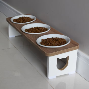 Comedouro Triplo Elevado Gato Pet MDF  - Porcelana