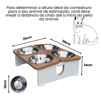 Comedouro Elevado Gato Pet MDF Quadruplo - Inox