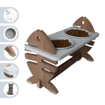 Comedouro Elevado Gato Duplo Pet MDF Espinha de Peixe Regulagem Altura - Porcelana