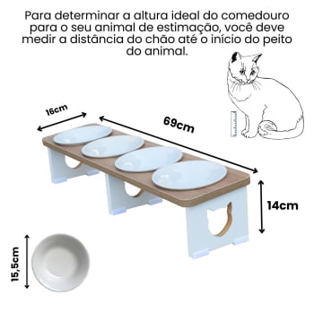 Comedouro Elevado Gato Pet Quadruplo Linear MDF - Porcelana