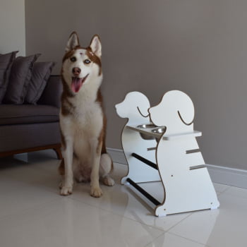 Comedouro Cachorro Grande Elevado Duplo Pet MDF Regulagem Altura - Branco