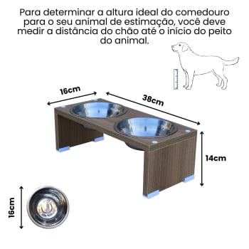 Comedouro Duplo Elevado Pet Gato Cachorro MDF Nick - Inox