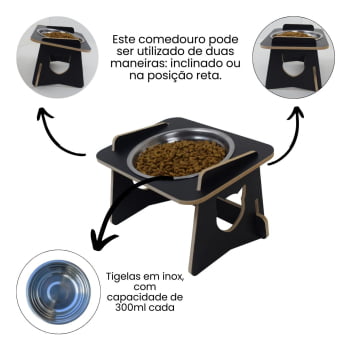 Comedouro Gato Elevado Pet Tigela Ração Inox Saudável - Preto