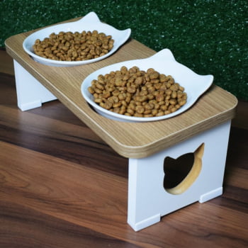 Comedouro Bebedouro Gato Duplo Elevado Pet MDF - Porcelana Felino