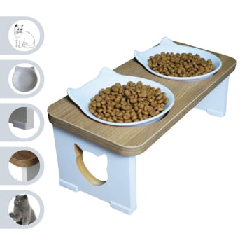 Comedouro Bebedouro Gato Duplo Elevado Pet MDF - Porcelana Felino