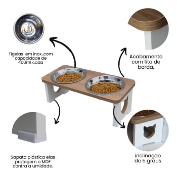 Comedouro Bebedouro Gato Elevado Pet Duplo MDF - Inox