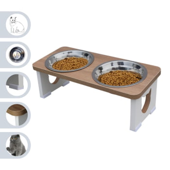 Comedouro Bebedouro Gato Elevado Pet Duplo MDF - Inox