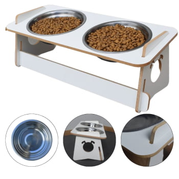 Comedouro Cachorro Elevado Duplo Pet Tigela Ração Inox Saudável - Branco