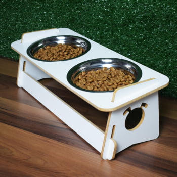 Comedouro Cachorro Elevado Duplo Pet Tigela Ração Inox Saudável - Branco