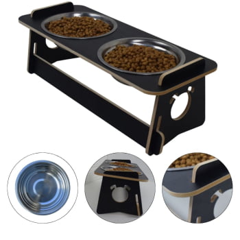 Comedouro Cachorro Elevado Duplo Pet Tigela Ração Inox Saudável - Preto