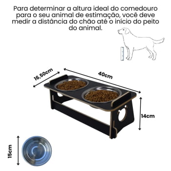 Comedouro Cachorro Elevado Duplo Pet Tigela Ração Inox Saudável - Preto