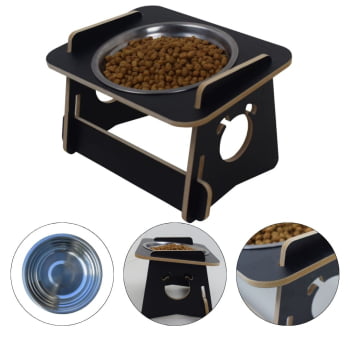 Comedouro Cachorro Elevado Pet Tigela Ração Inox Saudável - Preto