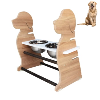 Comedouro Cachorro Grande Elevado Duplo Pet MDF Regulagem Altura - Amadeirado