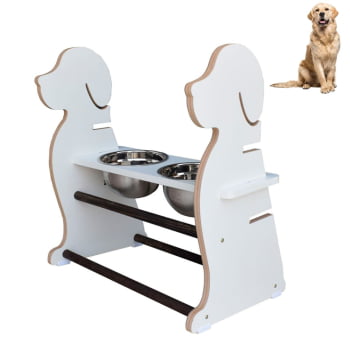 Comedouro Cachorro Grande Elevado Duplo Pet MDF Regulagem Altura - Branco