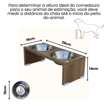 Comedouro Duplo Elevado Pet Gato Cachorro MDF Nick  Inox 