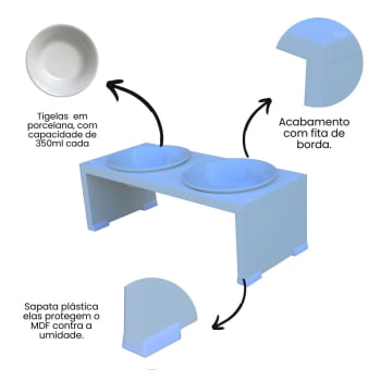 Comedouro Duplo Elevado Pet Gato Cachorro MDF Nick  Porcelana 