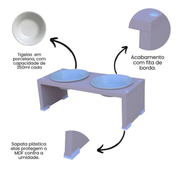 Comedouro Duplo Elevado Pet Gato Cachorro MDF Nick  Porcelana 