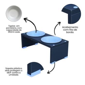 Comedouro Duplo Elevado Pet Gato Cachorro MDF Nick  Porcelana 