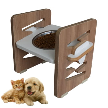 Comedouro Elevado Cães e Gatos Pet MDF Zig Zag Regulagem Altura - Inox