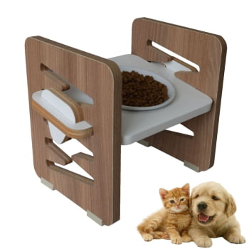 Comedouro Elevado Cães e Gatos Pet MDF Zig Zag Regulagem Altura - Porcelana