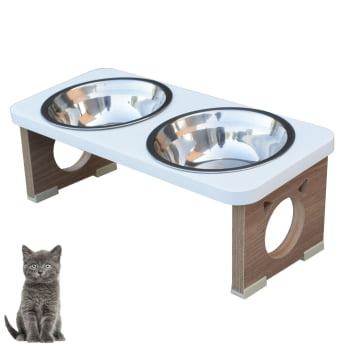 Comedouro Elevado Gato Duplo Pet MDF Colors - Inox - Branco